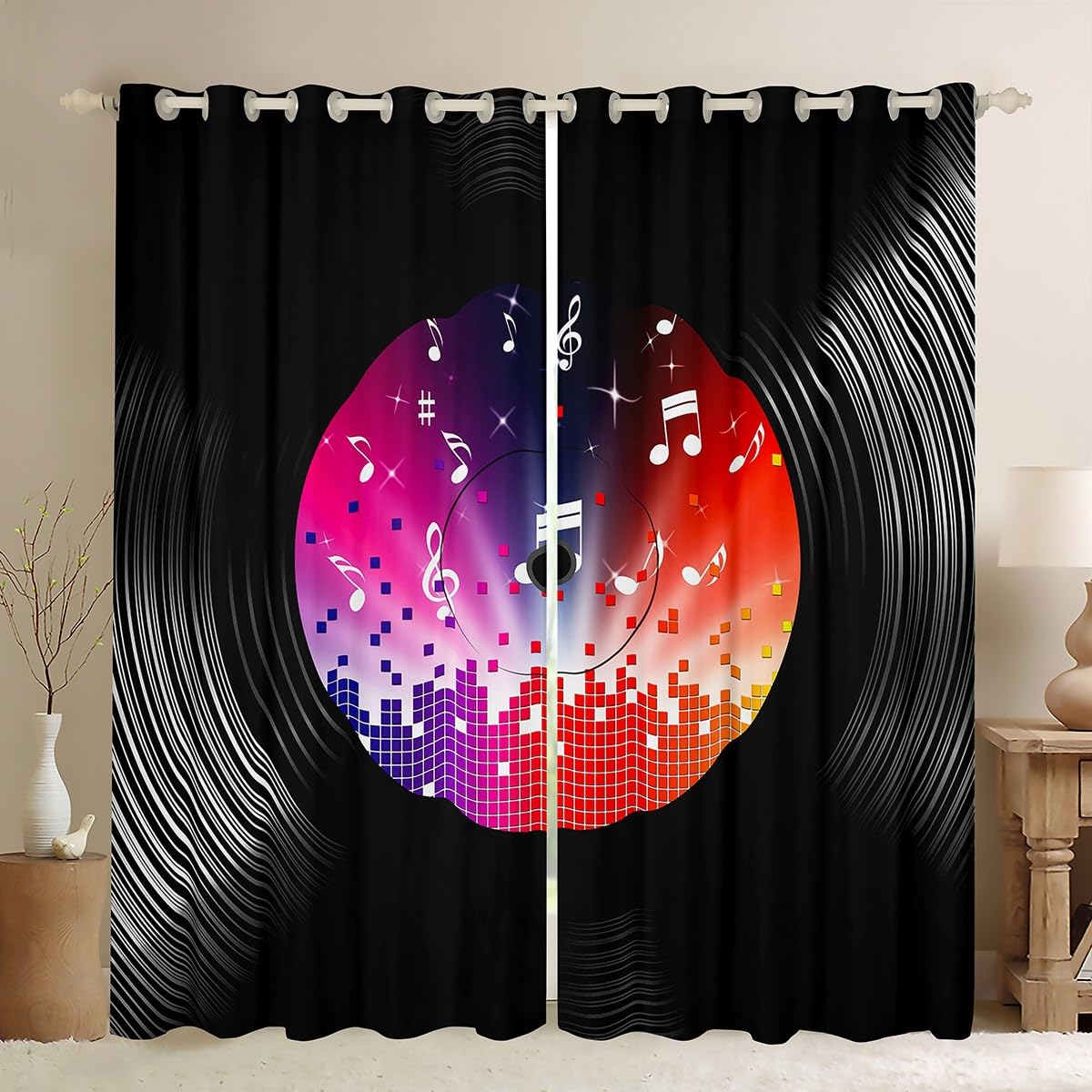Music Theme Curtains,Music CD Pattern Window Curtains for Boys